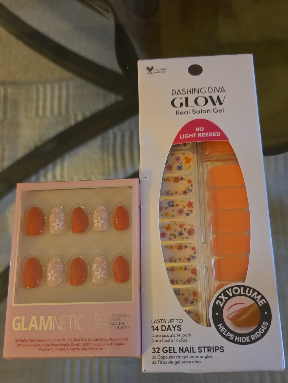 Dashing Diva Glow Orange Floral Press-On Gel Nails
